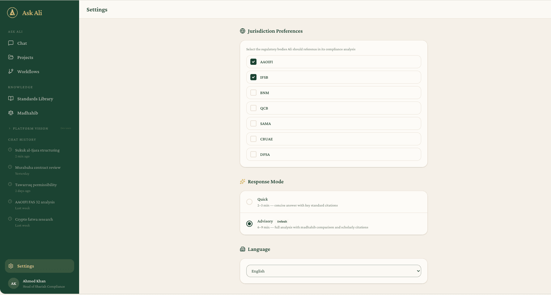Ask Ali — Multi-jurisdiction settings and configuration