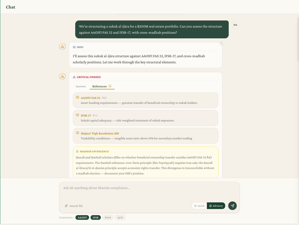 Ask Ali response with inline AAOIFI source documents and clause-level citations