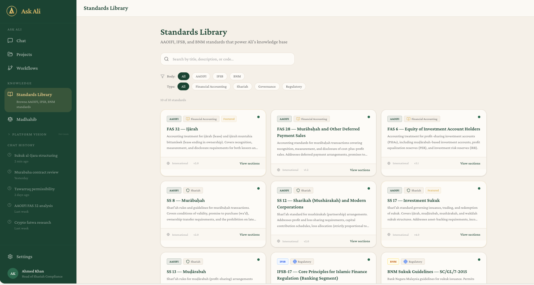 Ask Ali standards library with AAOIFI, IFSB, and regional fatwa sources