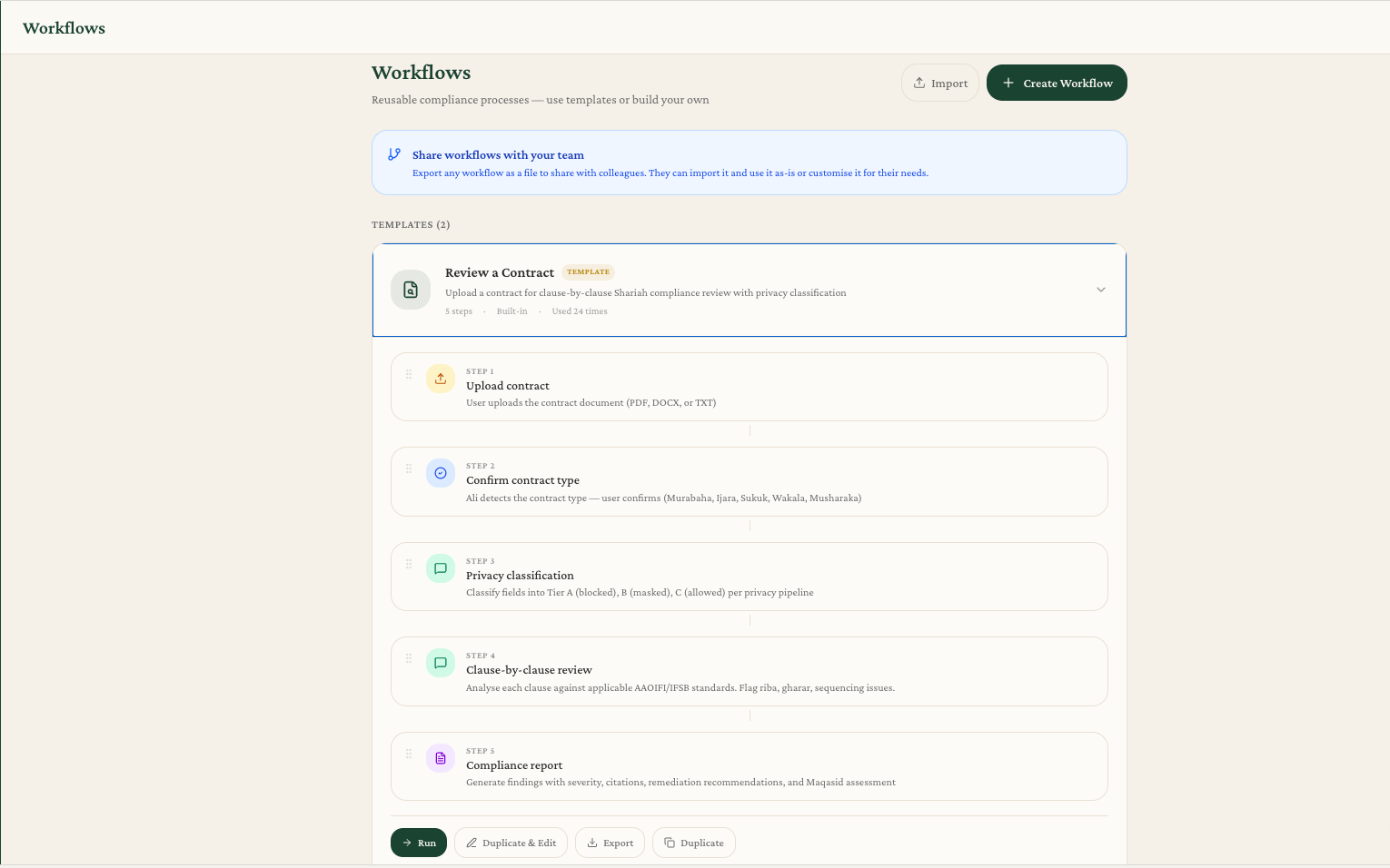Ask Ali contract review workflow with multi-stage Shariah analysis