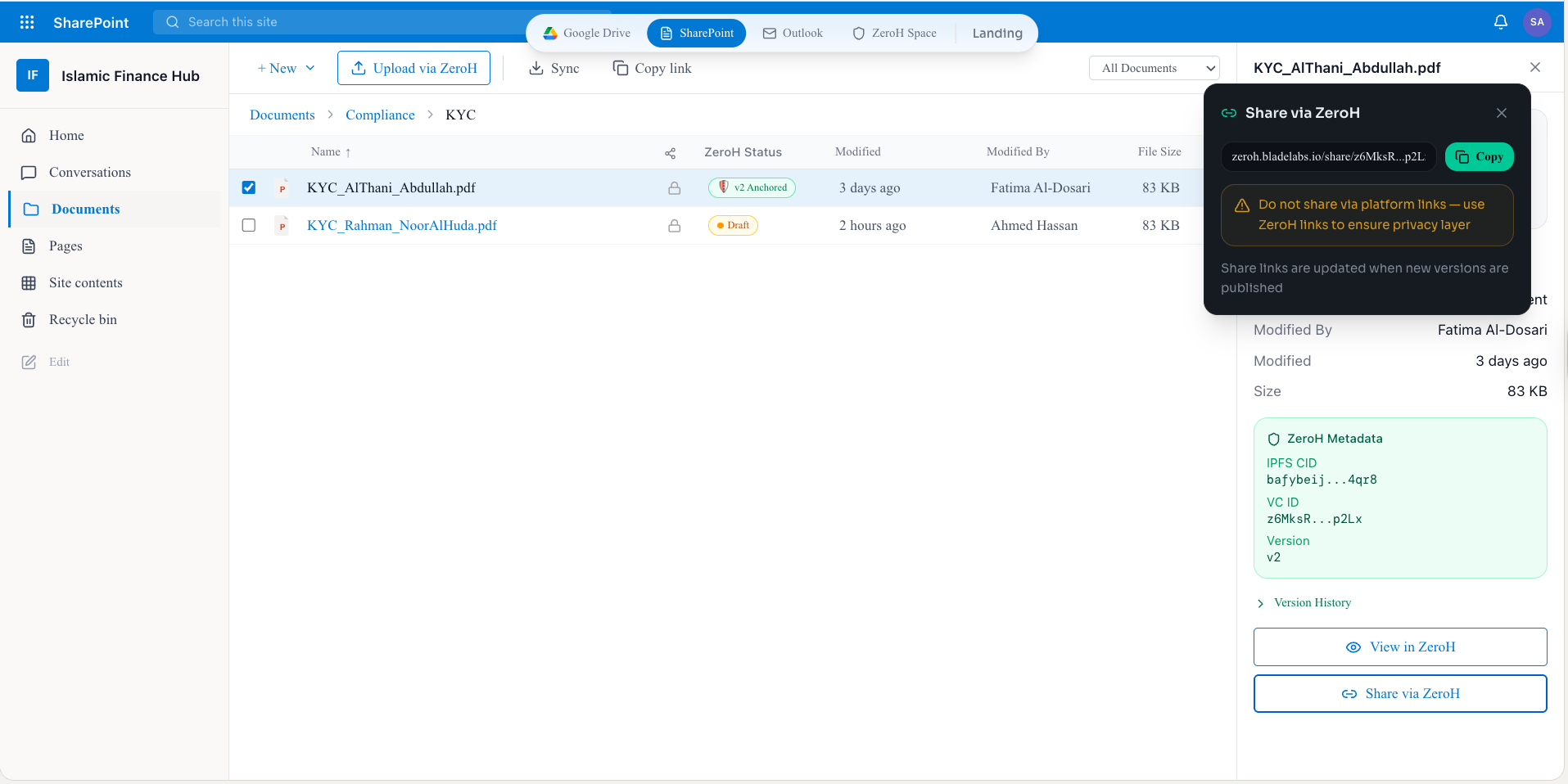 ZeroH Disclosure selectively sharing redacted content into SharePoint with on-soil Hedera anchoring